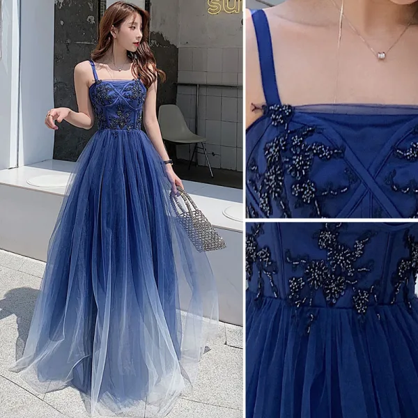 Chic / Belle Bleu Roi Robe De Soirée 2020 Princesse Bretelles Spaghetti Perlage Sans Manches Dos Nu Longue Robe De Ceremonie