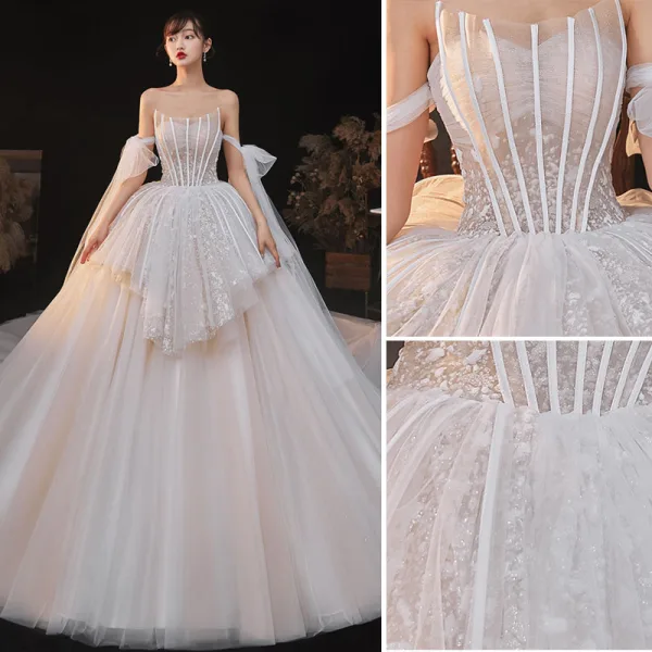 Luxury / Gorgeous Charming Champagne Wedding Dresses 2020 Ball Gown Beading Lace Sequins Strapless Sleeveless Backless Royal Train