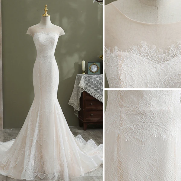 Charming Ivory Trumpet / Mermaid Wedding Dresses 2021 Scoop Neck Lace Flower Short Sleeve Backless Chapel Train Wedding