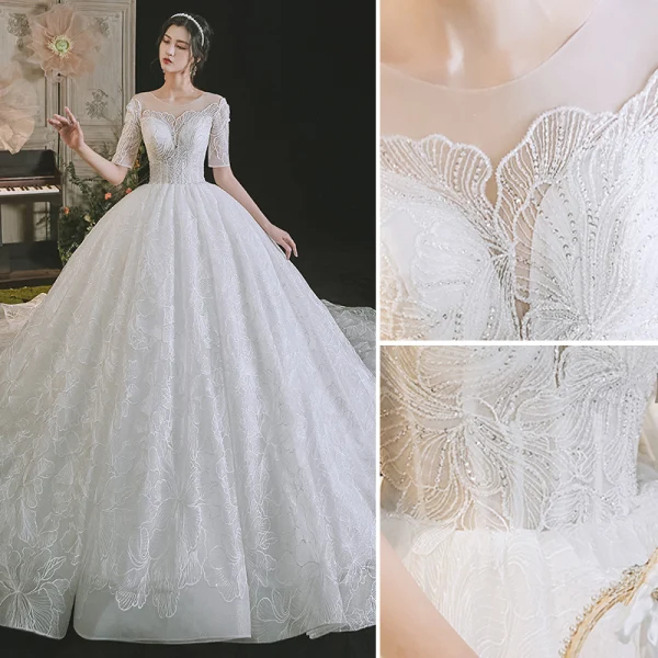 Chic / Belle Bleu Roi Robe De Soirée 2018 Trompette / Sirène En Dentelle Fleur Appliques Perlage Paillettes Encolure Dégagée 1/2 Manches Train De Balayage Robe De Ceremonie
