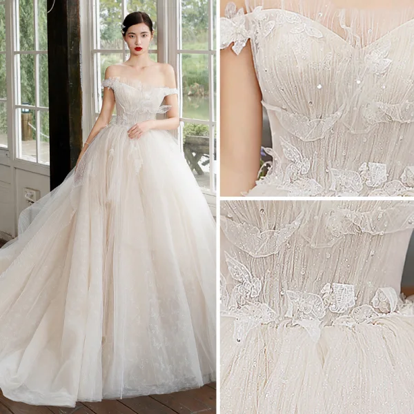 Luxury / Gorgeous Charming Champagne Wedding Dresses 2020 A-Line / Princess Ruffle Off-The-Shoulder Beading Backless Rhinestone Sequins Sleeveless Court Train