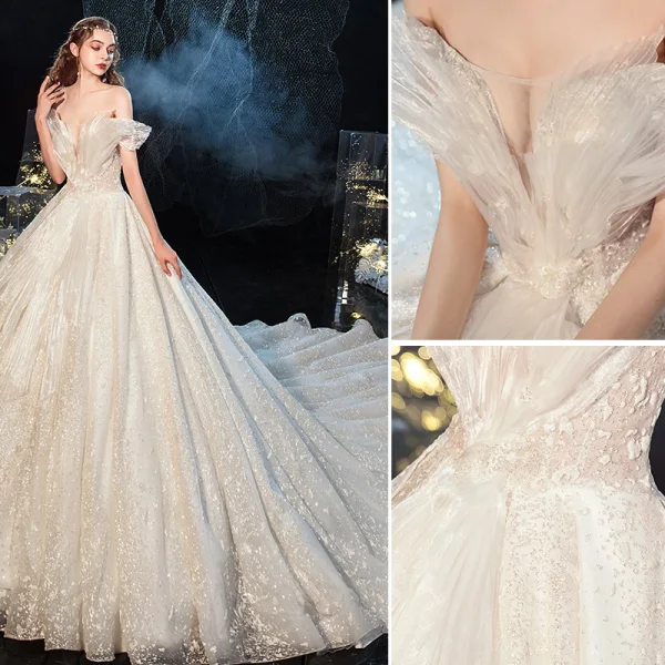 Luxury / Gorgeous Charming Champagne Wedding Dresses 2020 Ball Gown Ruffle Strapless Lace Sequins Short Sleeve Backless Royal Train