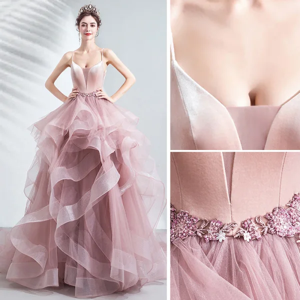 Chic / Beautiful Blushing Pink Cascading Ruffles Prom Dresses 2020 Ball Gown Spaghetti Straps Beading Lace Flower Sleeveless Backless Court Train Formal Dresses