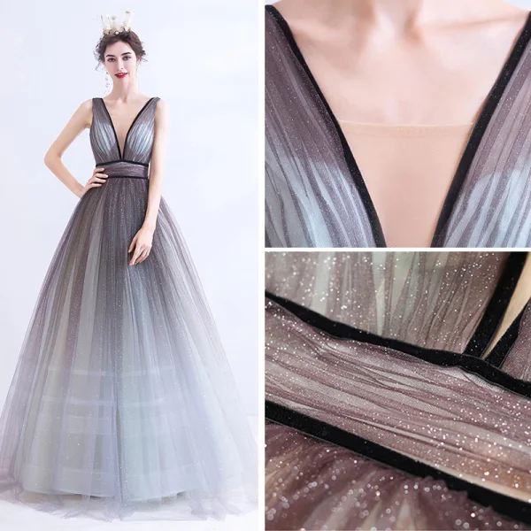 Sexy Silver Grey Evening Dresses 2020 A-Line / Princess Backless V-Neck Sleeveless Sequins Floor-Length / Long Formal Dresses