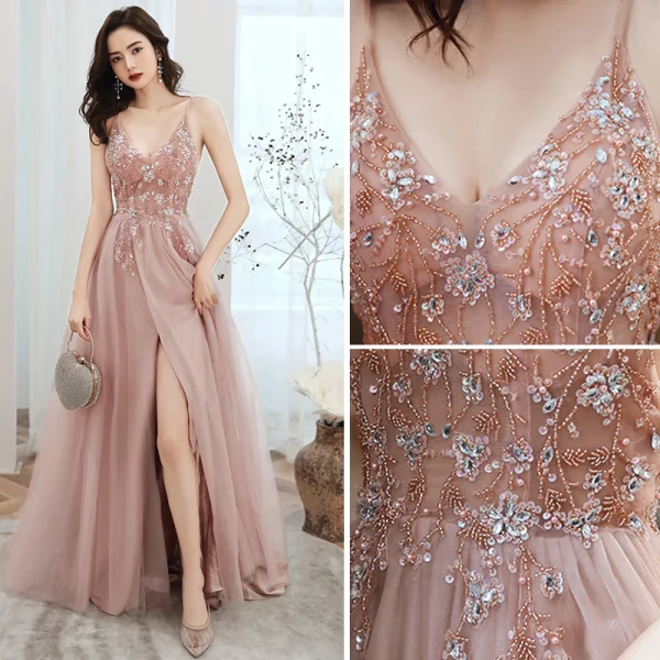 Sexy Rosa Ballkleider 2020 A Linie Spaghettiträger Perlenstickerei Strass Pailletten Ärmellos Rückenfreies Gespaltete Front Lange Festliche Kleider