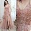 Sexy Rosa Ballkleider 2020 A Linie Spaghettiträger Perlenstickerei Strass Pailletten Ärmellos Rückenfreies Gespaltete Front Lange Festliche Kleider