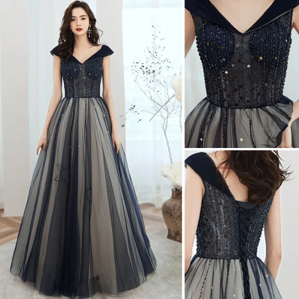 Elegant Navy Blue Prom Dresses 2020 A-Line / Princess V-Neck Beading Star Sequins Sleeveless Backless Floor-Length / Long Formal Dresses