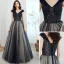 Elegant Navy Blue Prom Dresses 2020 A-Line / Princess V-Neck Beading Star Sequins Sleeveless Backless Floor-Length / Long Formal Dresses