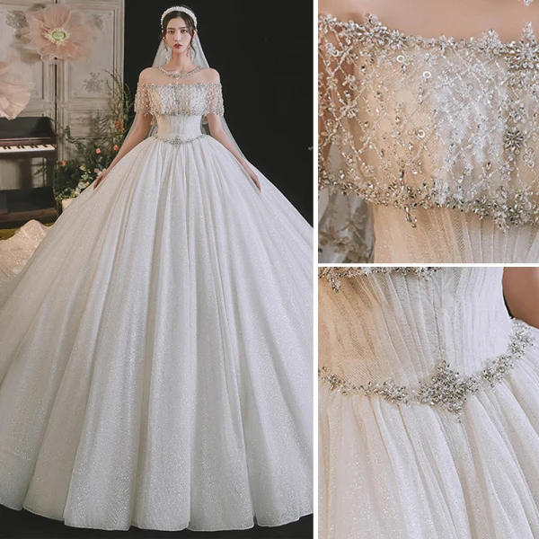 Luxury / Gorgeous Ivory Beading Rhinestone Sequins Wedding Dresses 2021 Ball Gown Scoop Neck Lace Flower Short Sleeve Backless Royal Train Wedding