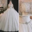 Luxury / Gorgeous Ivory Beading Rhinestone Sequins Wedding Dresses 2021 Ball Gown Scoop Neck Lace Flower Short Sleeve Backless Royal Train Wedding