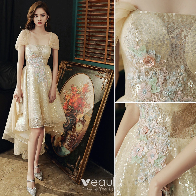 Sparkly Gold Asymmetrical Cocktail Dresses 2020 A-Line / Princess Off-The-Shoulder Pearl Sequins Appliques Short Sleeve Backless Formal Dresses
