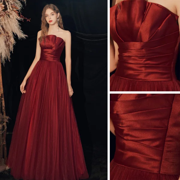 Chic / Belle Bordeaux Robe De Bal 2020 Princesse Bustier Sans Manches Dos Nu Longue Robe De Ceremonie