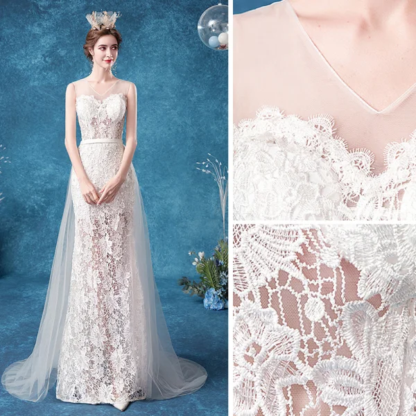 Illusion Abordable Ivoire Trompette / Sirène Robe De Mariée 2020 V-Cou En Dentelle Fleur Sans Manches Dos Nu Train De Balayage