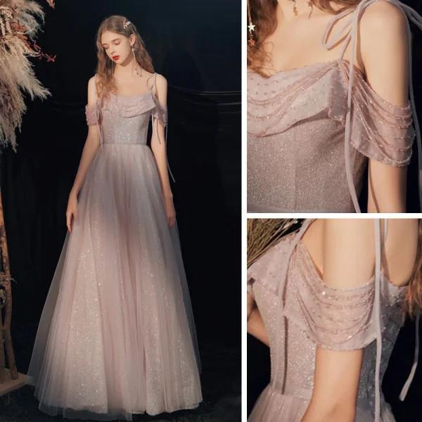 Charming Blushing Pink Glitter Prom Dresses 2020 A-Line / Princess Spaghetti Straps Beading Sequins Sleeveless Backless Floor-Length / Long Formal Dresses