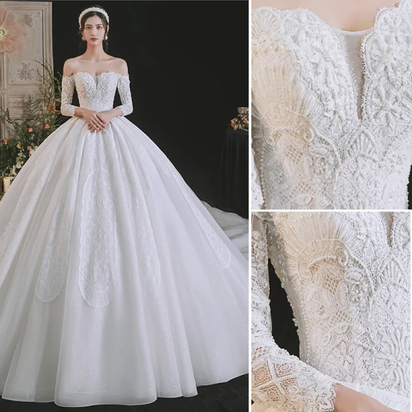 Luxe Ivoire Perlage Perle En Dentelle Fleur Robe De Mariée 2021 Robe Boule De l'épaule Manches Courtes Dos Nu Royal Train Mariage