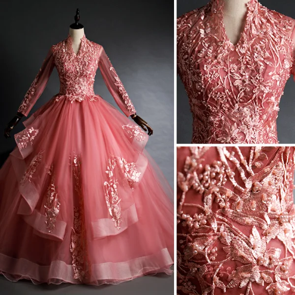 Chic / Belle Rose Bonbon Quinceañera Robe De Bal 2020 Robe Boule V-Cou Perlage Paillettes En Dentelle Fleur Manches Longues Dos Nu Longue Robe De Ceremonie