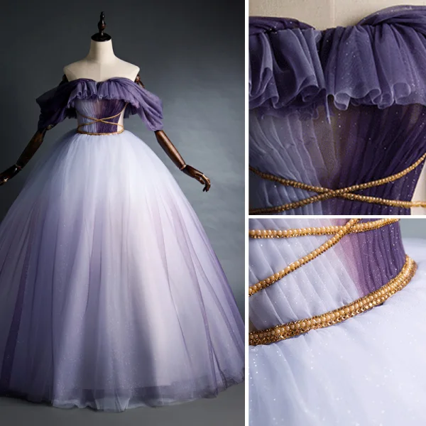 Elegant Purple Quinceañera Prom Dresses 2020 Ball Gown Off-The-Shoulder Glitter Beading Short Sleeve Backless Floor-Length / Long Formal Dresses