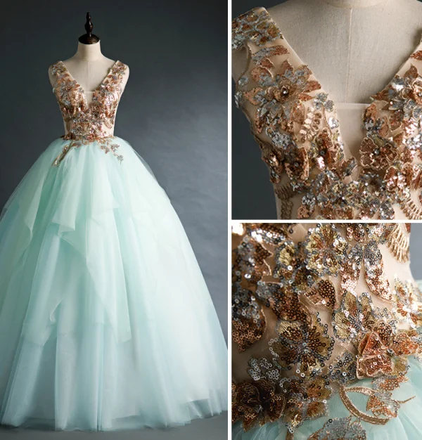 Elegant Mint Green Prom Dresses 2020 Ball Gown V-Neck Sequins Sleeveless Backless Floor-Length / Long Formal Dresses