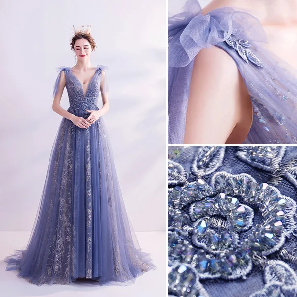 Charming Ocean Blue Evening Dresses 2020 A-Line / Princess V-Neck Beading Rhinestone Lace Flower Sleeveless Backless Floor-Length / Long Formal Dresses