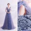 Charming Ocean Blue Evening Dresses  2020 A-Line / Princess V-Neck Beading Rhinestone Lace Flower Sleeveless Backless Floor-Length / Long Formal Dresses
