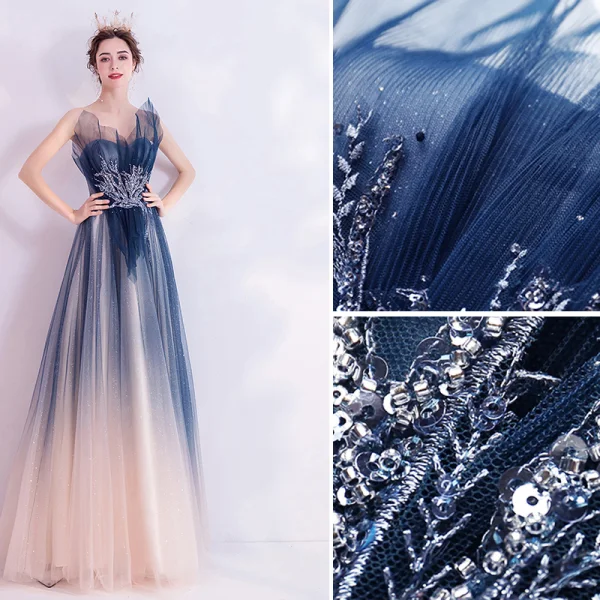 Schöne Marineblau Abendkleider 2020 A Linie Bandeau Perlenstickerei Pailletten Spitze Blumen Ärmellos Rückenfreies Lange Festliche Kleider