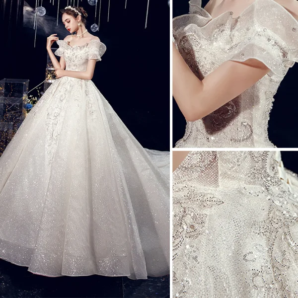 Charmant Champagne En Dentelle Robe De Mariée 2020 Princesse De l'épaule Perlage Paillettes Faux Diamant Manches Courtes Dos Nu Royal Train
