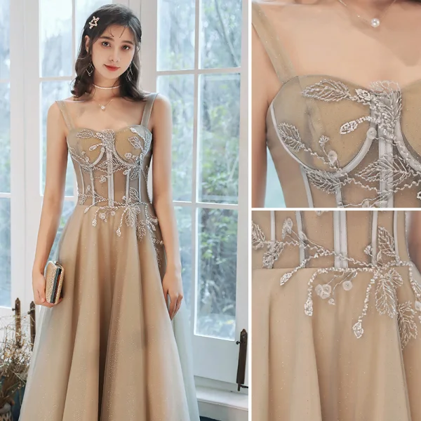 Élégant Champagne Robe De Soirée 2020 Princesse Encolure Carrée Perlage Paillettes Sans Manches Dos Nu Longue Robe De Ceremonie