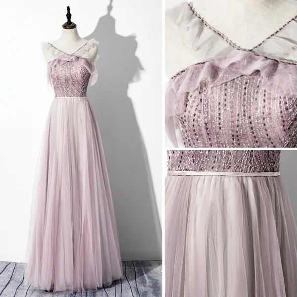 Charmant Rougissant Rose Robe De Soirée 2020 Princesse V-Cou Perlage Paillettes Sans Manches Dos Nu Longue Robe De Ceremonie