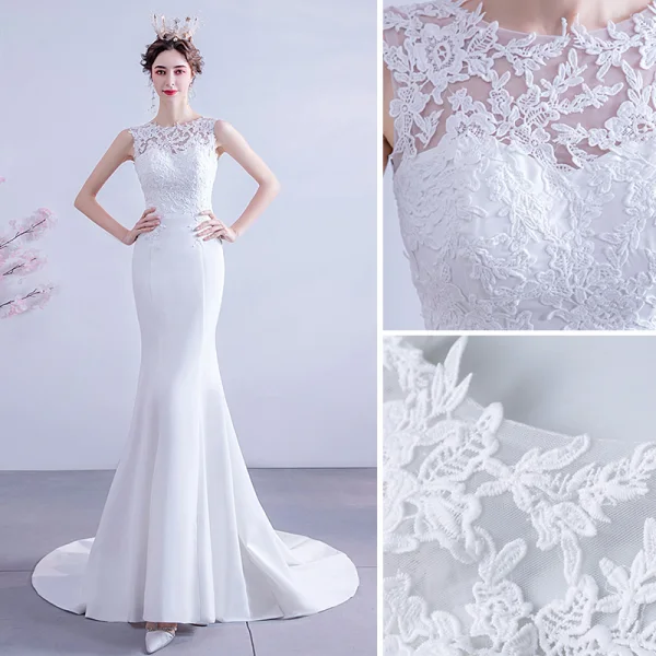 Affordable White Trumpet / Mermaid Wedding Dresses 2020 Scoop Neck Lace Flower Sleeveless Backless Sweep Train