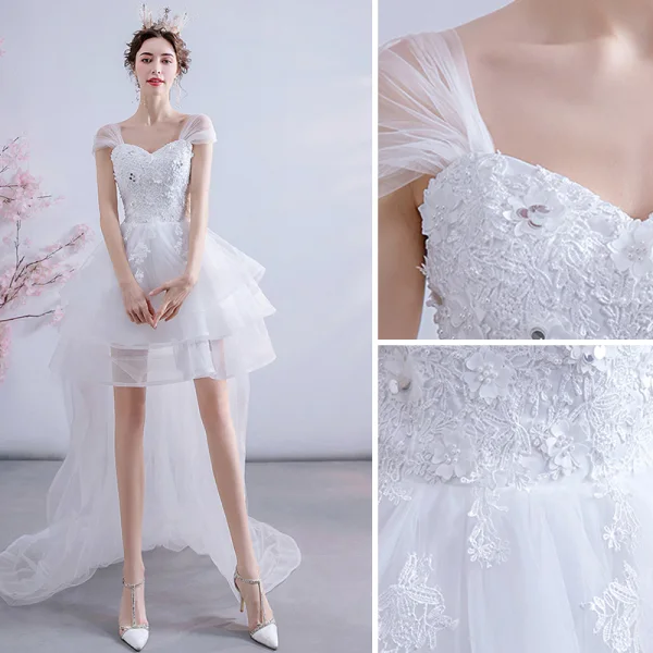 Charmant Haute Basse Blanche Asymétrique Robe De Mariée 2020 Princesse Encolure Carrée Perlage Perle Paillettes En Dentelle Fleur Sans Manches Dos Nu