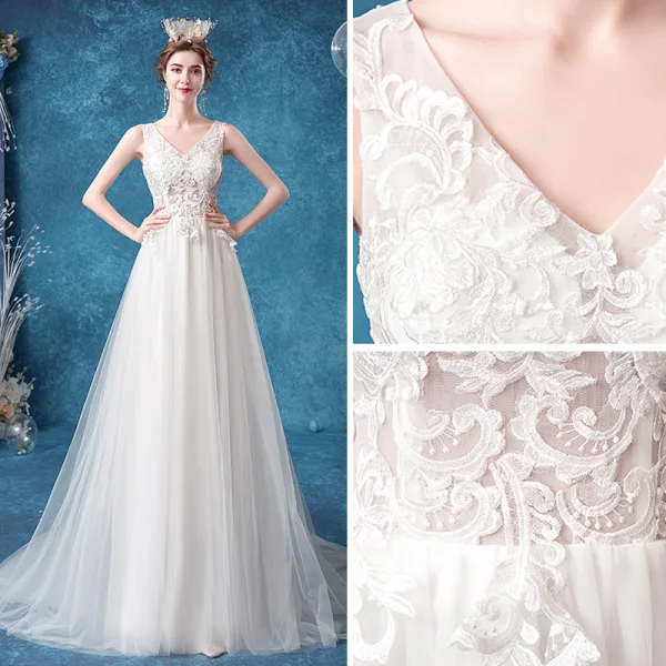 Élégant Ivoire Robe De Mariée 2020 Princesse V-Cou En Dentelle Fleur Sans Manches Dos Nu Train De Balayage