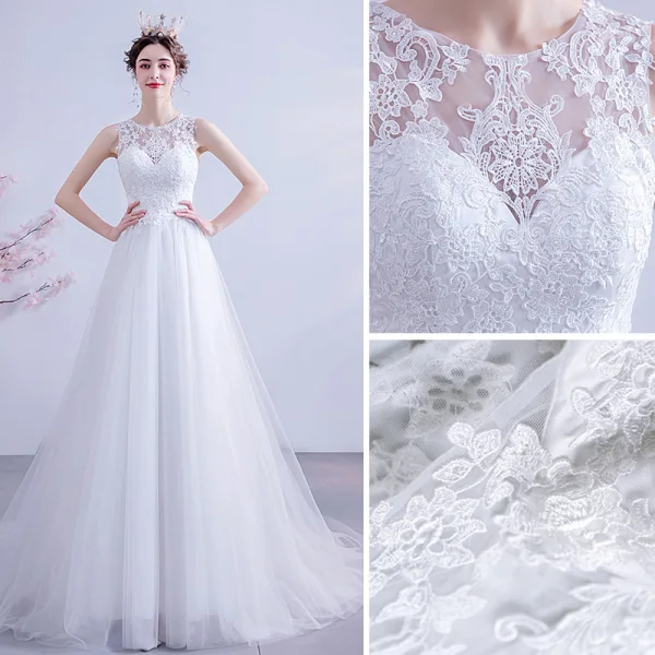 Élégant Ivoire Robe De Mariée 2020 Princesse Encolure Dégagée En Dentelle Fleur Sans Manches Tribunal Train