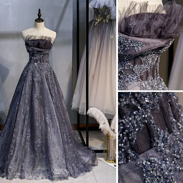 Glitzernden Charmant Marineblau Ballkleider 2020 A Linie Bandeau Perlenstickerei Pailletten Spitze Blumen Ärmellos Rückenfreies Sweep / Pinsel Zug Festliche Kleider