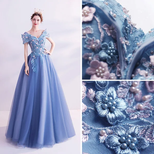 Flower Fairy Pool Blue Prom Dresses 2020 A-Line / Princess V-Neck Pearl Lace Flower Short Sleeve Backless Floor-Length / Long Formal Dresses