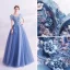 Flower Fairy Pool Blue Prom Dresses 2020 A-Line / Princess V-Neck Pearl Lace Flower Short Sleeve Backless Floor-Length / Long Formal Dresses