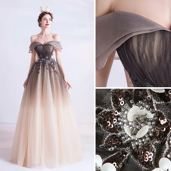 Élégant Chocolat Dégradé De Couleur Robe De Bal 2020 Princesse De l'épaule Perlage Paillettes Manches Courtes Dos Nu Longue Robe De Ceremonie