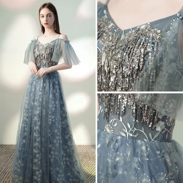 Charmant Himmelblau Grau Abendkleider 2020 Off Shoulder Perlenstickerei Pailletten Spitze Blumen Kurze Ärmel Rückenfreies Lange Festliche Kleider