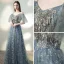Charmant Himmelblau Grau Abendkleider 2020 Off Shoulder Perlenstickerei Pailletten Spitze Blumen Kurze Ärmel Rückenfreies Lange Festliche Kleider