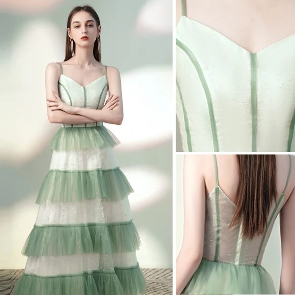 Chic / Beautiful Sage Green Evening Dresses  2020 A-Line / Princess Spaghetti Straps Sequins Sleeveless Backless Floor-Length / Long Formal Dresses