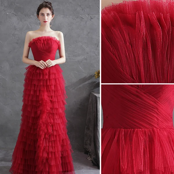 Sexy Red Pleated Evening Dresses  2021 A-Line / Princess Strapless Sleeveless Backless Evening Party Floor-Length / Long Formal Dresses