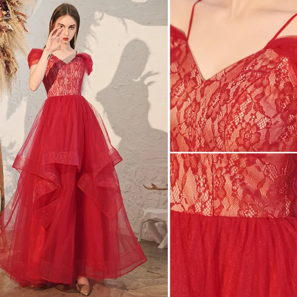 Charming Burgundy Evening Dresses 2020 A-Line / Princess Off-The-Shoulder Lace Short Sleeve Backless Cascading Ruffles Floor-Length / Long Formal Dresses