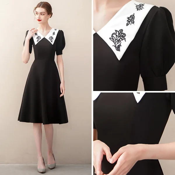 Elegant Black Satin Homecoming Graduation Dresses 2020 A-Line / Princess V-Neck Short Sleeve Knee-Length Formal Dresses