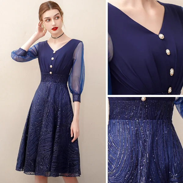 Chic / Beautiful Navy Blue Homecoming Sequins Graduation Dresses 2020 A-Line / Princess V-Neck 3/4 Sleeve Knee-Length Formal Dresses