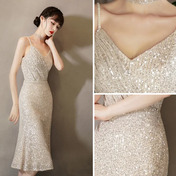 Sparkly Gold Sequins Cocktail Dresses 2020 Trumpet / Mermaid Spaghetti Straps Sleeveless Tea-length Formal Dresses