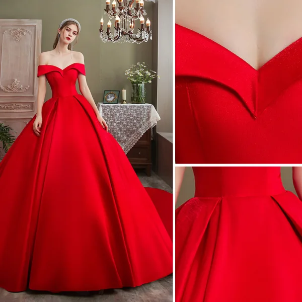 Luxury / Gorgeous Red Wedding Dresses 2020 Ball Gown Satin Off-The-Shoulder Sleeveless Backless Royal Train Wedding