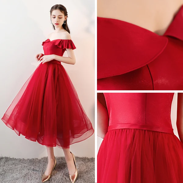 Chic / Beautiful Burgundy Homecoming Graduation Dresses 2018 A-Line / Princess Sash Off-The-Shoulder Backless Sleeveless Tea-length Formal Dresses