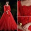 Schöne Rot Brautkleider / Hochzeitskleider 2020 A Linie Spitze Blumen Applikationen Pailletten Eckiger Ausschnitt 1/2 Ärmel Kathedrale Schleppe