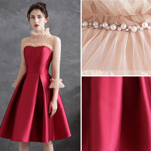 Chic / Beautiful Red Homecoming Satin Graduation Dresses 2021 A-Line / Princess Ruffle Pearl High Neck 3/4 Sleeve Knee-Length Formal Dresses