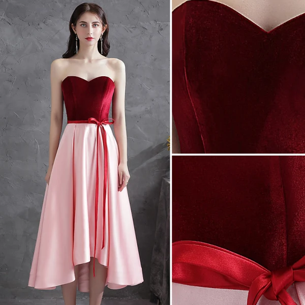 Chic / Belle Rouge Satin Asymétrique Robe De Cocktail 2021 Princesse Daim Bustier Noeud Sans Manches Dos Nu Cocktail Robe De Ceremonie