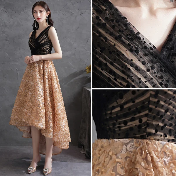 Chic / Beautiful Black Homecoming Asymmetrical Cocktail Dresses Graduation Dresses 2021 A-Line / Princess V-Neck Sleeveless Appliques Cocktail Party Formal Dresses